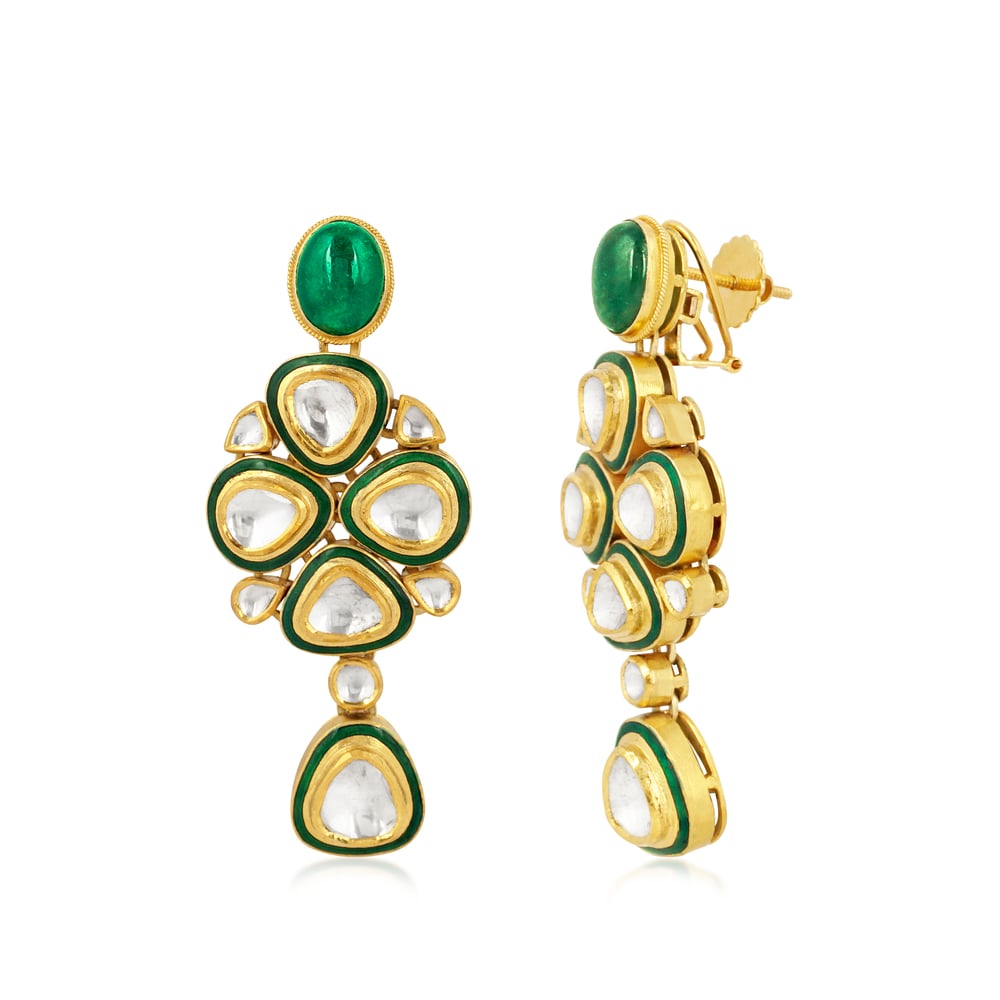 Emerald Cabochon Earrings with Polki and Green Meena Borders